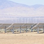 Solar panels with wind turbines in background